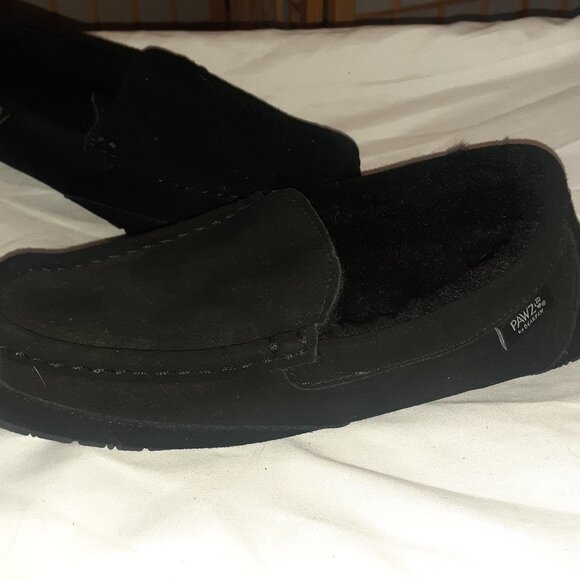 PAWZ BEARPAW BLACK LEATHER SLIPPERS SLIP ON SHEEPSKIN LINED-MENS SIZE 9 - Picture 1 of 7